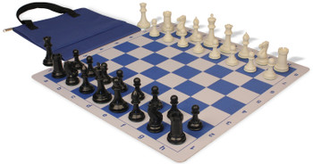 Conqueror Easy-Carry Plastic Chess Set Black and Ivory Pieces with Lightweight Floppy Board - Royal Blue - Plastic Chess Sets with Thin Floppy Board Chess Sets