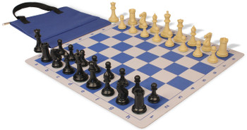 Conqueror Easy-Carry Plastic Chess Set Black & Camel Pieces with Lightweight Floppy Board - Royal Blue