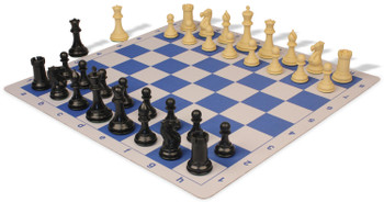 Conqueror Plastic Chess Set Black & Camel Pieces with Lightweight Floppy Board - Blue