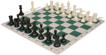 Conqueror Plastic Chess Set Black & Ivory Pieces with Lightweight Floppy Board - Green