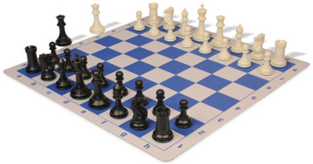 Conqueror Plastic Chess Set Black & Ivory Pieces with Lightweight Floppy Board - Blue