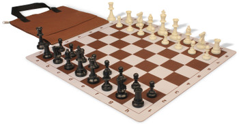 Standard Club Easy-Carry Plastic Chess Set Black & Ivory Pieces with Lightweight Floppy Board - Brown