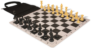 Standard Club Easy-Carry Plastic Chess Set Black & Camel Pieces with Lightweight Floppy Board - Black
