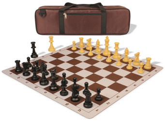 Standard Club Carry-All Triple Weighted Plastic Chess Set Black & Camel Pieces with Lightweight Floppy Board - Brown