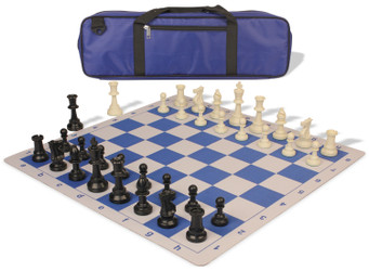 Standard Club Carry-All Triple Weighted Plastic Chess Set Black & Ivory Pieces with Lightweight Floppy Board - Royal Blue