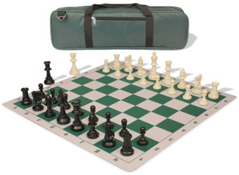 Standard Club Carry-All Triple Weighted Plastic Chess Set Black & Ivory Pieces with Lightweight Floppy Board - Green