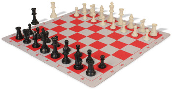 Standard Club Plastic Chess Set Black & Ivory Pieces with Lightweight Floppy Board - Red