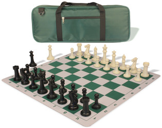 Executive Deluxe Carry-All Plastic Chess Set Black and Ivory Pieces with Lightweight Floppy Board and Bag - Green - Plastic Chess Sets with Thin Floppy Board Chess Sets