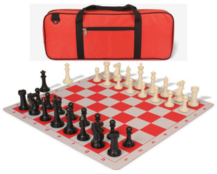 Executive Deluxe Carry-All Plastic Chess Set Black and Ivory Pieces with Lightweight Floppy Board and Bag - Red - Plastic Chess Sets with Thin Floppy Board Chess Sets