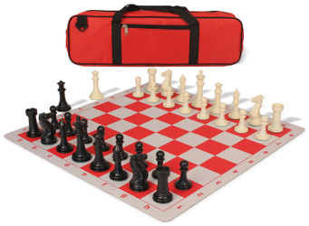 Executive Large Carry-All Plastic Chess Set Black & Ivory Pieces with Lightweight Floppy Board & Bag - Red