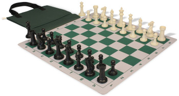 Executive Easy-Cary Plastic Chess Set Black & Ivory Pieces with Lightweight Floppy Board & Bag - Green