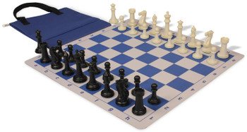 Executive Easy-Cary Plastic Chess Set Black and Ivory Pieces with Lightweight Floppy Board and Bag - Royal Blue - Plastic Chess Sets with Thin Floppy Board Chess Sets