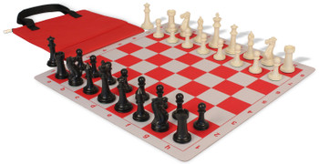 Executive Easy-Cary Plastic Chess Set Black & Ivory Pieces with Lightweight Floppy Board & Bag - Red