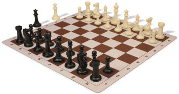 Executive Plastic Chess Set Black & Ivory Pieces with Lightweight Floppy Board - Brown