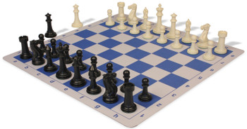 Executive Plastic Chess Set Black & Ivory Pieces with Lightweight Floppy Board - Blue