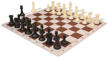 Professional Plastic Chess Set Black & Ivory Pieces with Lightweight Floppy Board - Brown