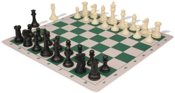 Professional Plastic Chess Set Black & Ivory Pieces with Lightweight Floppy Board - Green