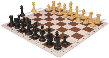 Professional Plastic Chess Set Black & Camel Pieces with Lightweight Floppy Board - Brown