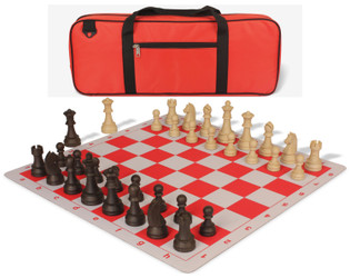 German Knight Deluxe Carry-All Plastic Chess Set Brown & Natural Wood Grain Pieces with Floppy Board - Red