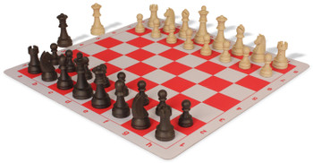German Knight Plastic Chess Set Brown & Natural Wood Grain Pieces with Floppy Board - Red