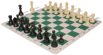 German Knight Plastic Chess Set Black & Aged Ivory Pieces with Lightweight Floppy Board - Green