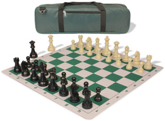 German Knight Carry-All Plastic Chess Set Black & Aged Ivory Pieces with Lightweight Floppy Board - Green