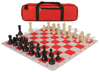 German Knight Large Carry-All Plastic Chess Set Black & Aged Ivory Pieces with Lightweight Floppy Board - Red