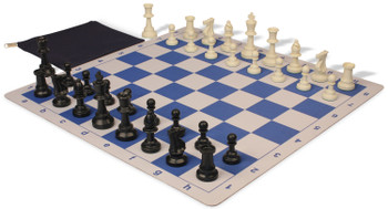 Standard Club Classroom Plastic Chess Set Black & Ivory Pieces with Lightweight Floppy Board - Blue