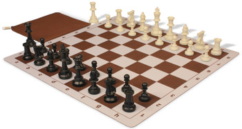 Standard Club Classroom Plastic Chess Set Black & Ivory Pieces with Lightweight Floppy Board - Brown