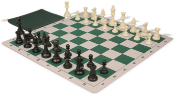 Standard Club Classroom Plastic Chess Set Black & Ivory Pieces with Lightweight Floppy Board - Green