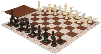 Weighted Standard Club Classroom Plastic Chess Set Black & Ivory Pieces with Lightweight Floppy Board - Brown