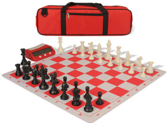 Standard Club Large Carry-All Plastic Chess Set Black & Ivory Pieces with Clock, Bag, & Lightweight Floppy Board - Red