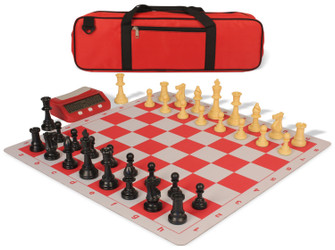 Standard Club Large Carry-All Plastic Chess Set Black & Camel Pieces with Clock, Bag, & Lightweight Floppy Board - Red