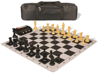 Standard Club Carry-All Plastic Chess Set - Black & Camel Pieces with Clock, Bag, & Floppy Board - Black