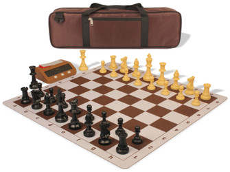 Standard Club Large Carry-All Plastic Chess Set Black & Camel Pieces with Clock, Bag, & Lightweight Floppy Board - Brown