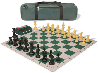Standard Club Carry-All Plastic Chess Set - Black & Camel Pieces with Clock, Bag, & Floppy Board - Green