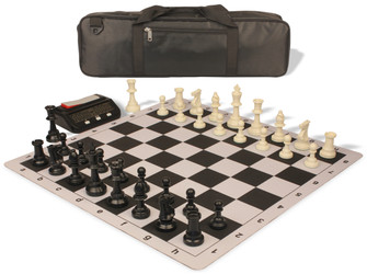 Standard Club Double-Weighted Carry-All Plastic Chess Set - Black & Ivory Pieces with Clock & Floppy Board - Black