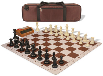 Weighted Standard Club Large Carry-All Plastic Chess Set Black & Ivory Pieces with Bag, Clock, & Lightweight Floppy Board - Brown