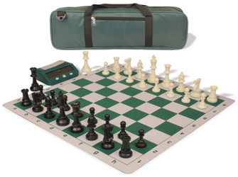 Standard Club Double-Weighted Carry-All Plastic Chess Set - Black & Ivory Pieces with Bag, Clock, & Floppy Board - Green