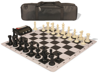 Executive Carry-All Plastic Chess Set - Black & Ivory Pieces with Clock & Floppy Board - Black