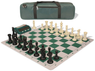 Executive Carry-All Plastic Chess Set - Black & Ivory Pieces with Clock & Floppy Board - Green