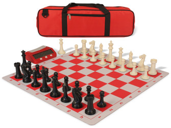 Executive Large Carry-All Plastic Chess Set Black & Ivory Pieces with Clock & Lightweight Floppy Board - Red