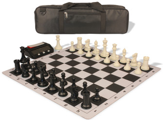 Conqueror Carry-All Plastic Chess Set - Black & Ivory Pieces with Clock & Floppy Board - Black