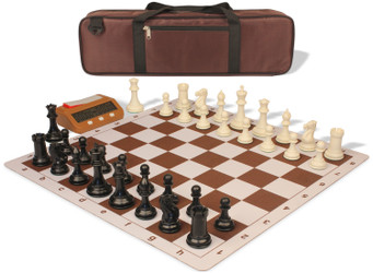 Conqueror Large Carry-All Plastic Chess Set Black & Ivory Pieces with Clock & Lightweight Floppy Board - Brown