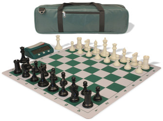 Conqueror Carry-All Plastic Chess Set - Black & Ivory Pieces with Clock & Floppy Board - Green