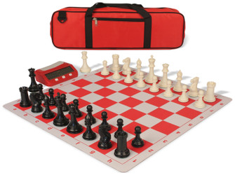 Conqueror Large Carry-All Plastic Chess Set Black & Ivory Pieces with Clock & Lightweight Floppy Board - Red