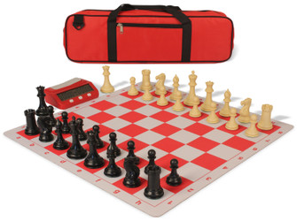 Conqueror Large Carry-All Plastic Chess Set Black & Camel Pieces with Clock & Lightweight Floppy Board - Red