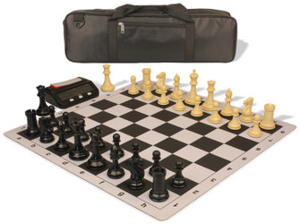Conqueror Carry-All Plastic Chess Set - Black & Camel Pieces with Clock & Floppy Board - Black