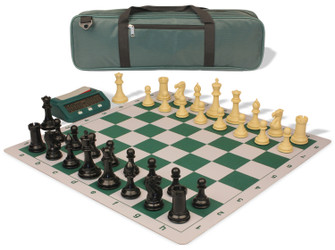 Conqueror Carry-All Plastic Chess Set - Black & Camel Pieces with Clock & Floppy Board - Green