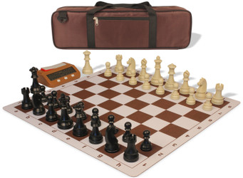 German Knight Large Carry-All Plastic Chess Set Black & Aged Ivory Pieces with Clock & Lightweight Floppy Board - Brown